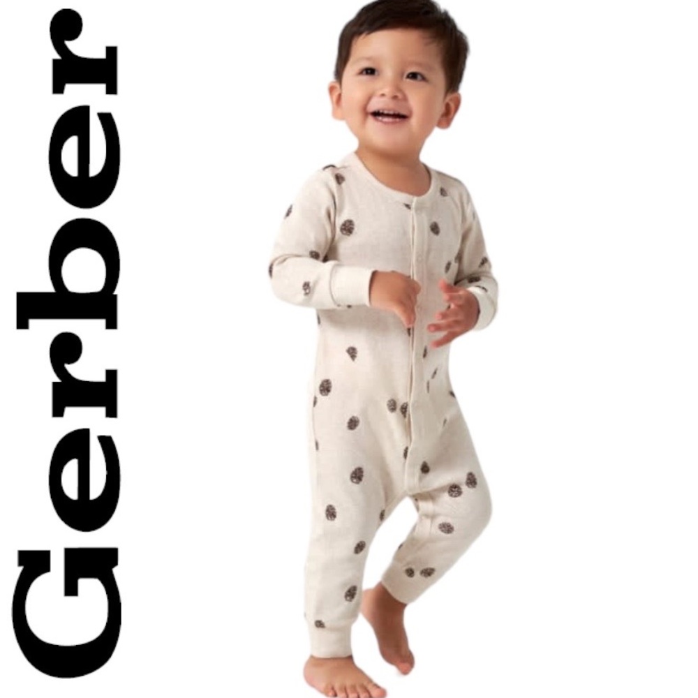 Gerber Baby Boy bodysuit Tan allover acorn print mitten cuffs infant new beige*